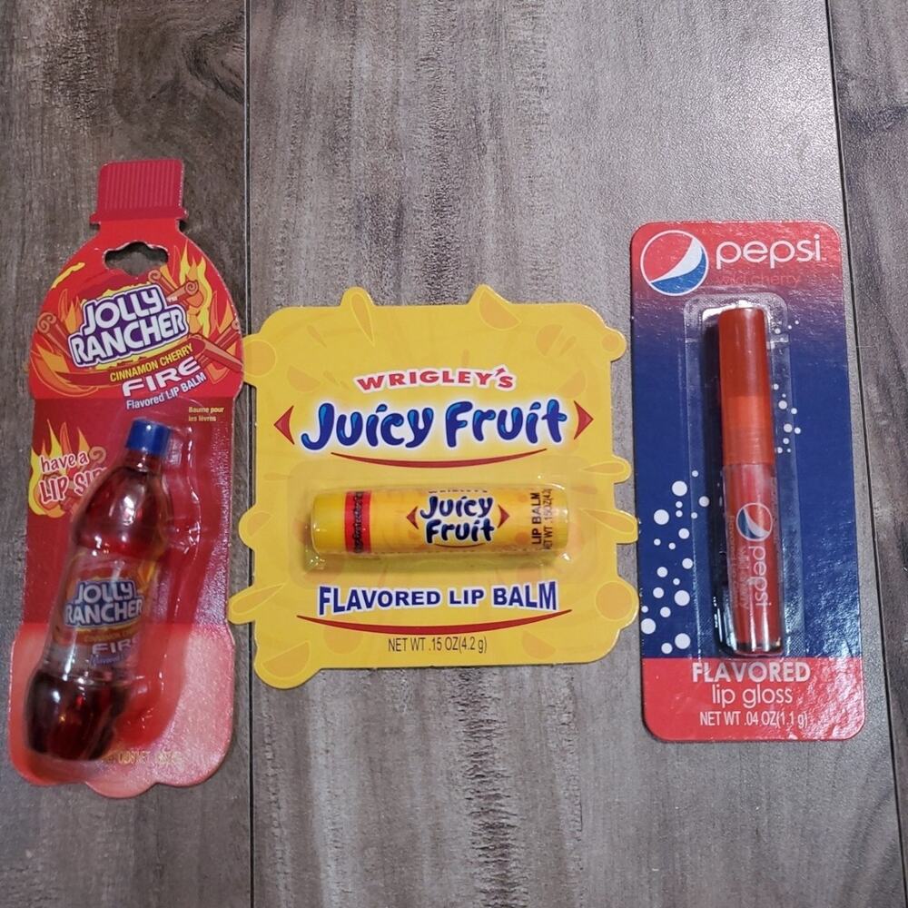 3 LOT ~ Pepsi Wild Cherry Gloss ~ Juicy Fruit ~ Jolly Rancher Cinnamon Lip Balm